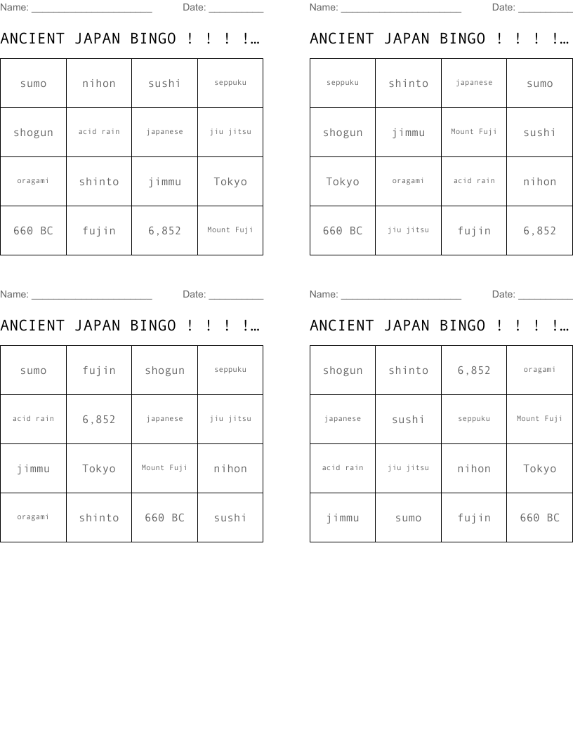 ANCIENT JAPAN BINGO ! ! ! ! ! ! ! !