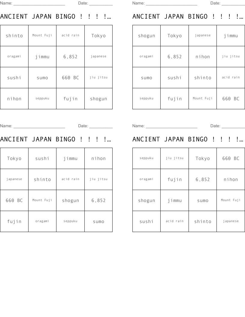 ANCIENT JAPAN BINGO ! ! ! ! ! ! ! !