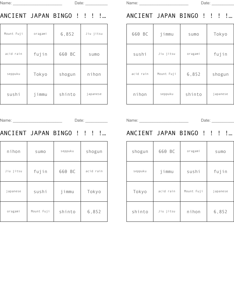 ANCIENT JAPAN BINGO ! ! ! ! ! ! ! !