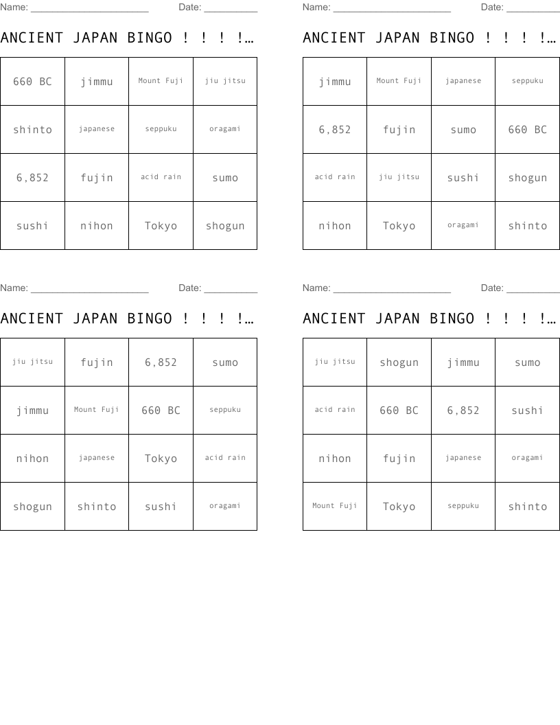 ANCIENT JAPAN BINGO ! ! ! ! ! ! ! !