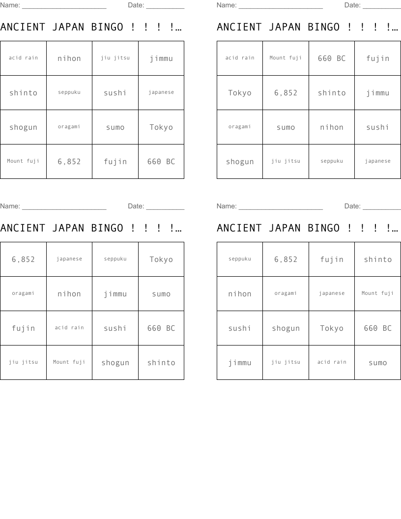 ANCIENT JAPAN BINGO ! ! ! ! ! ! ! ! 