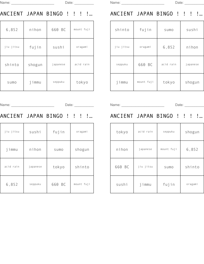 ANCIENT JAPAN BINGO ! ! ! ! ! ! ! ! 