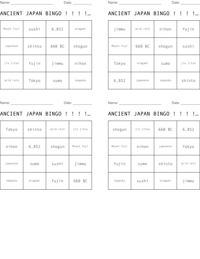 ANCIENT JAPAN BINGO ! ! ! ! ! ! ! ! 
