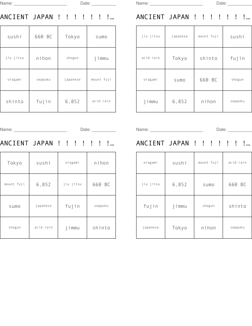 ANCIENT JAPAN ! ! ! ! ! ! ! !  Bingo Cards