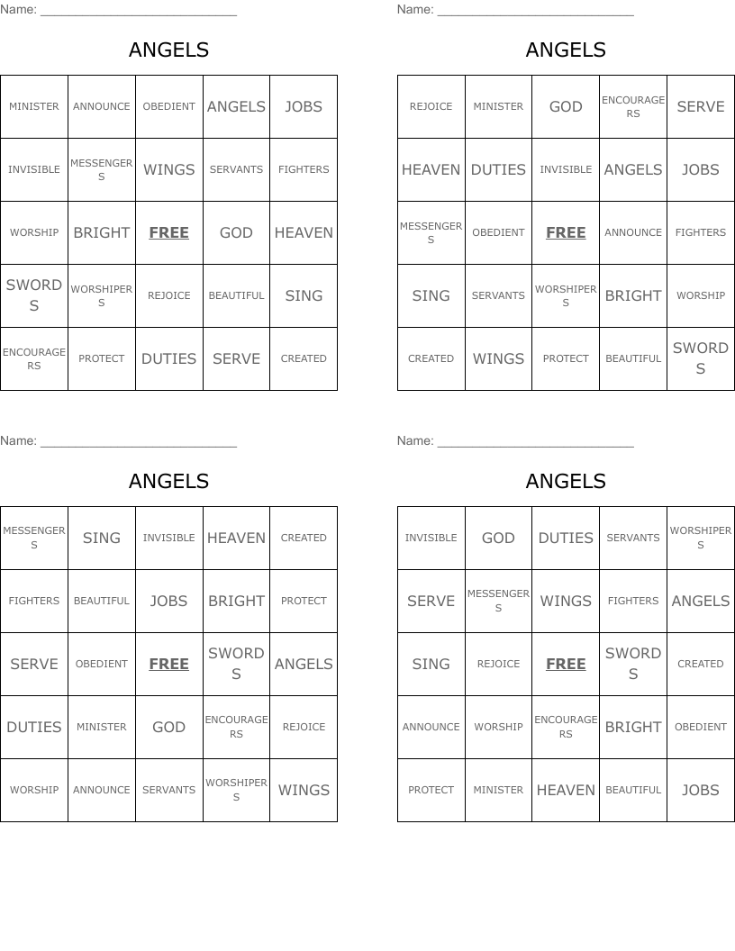 ANGELS Bingo Cards