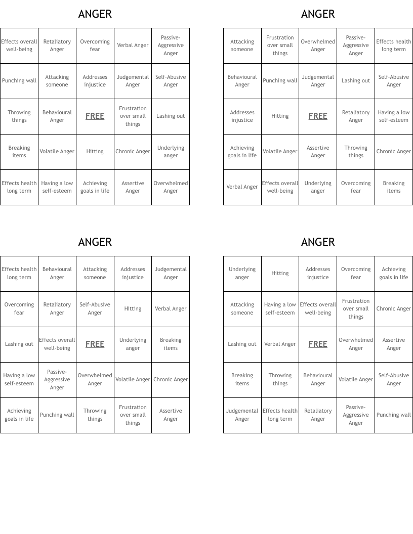 ANGER Bingo Cards