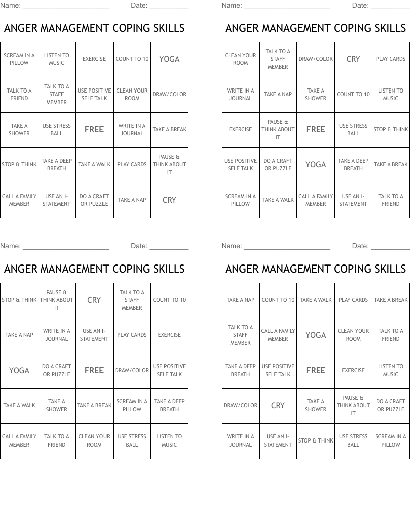 ANGER MANAGEMENT COPING SKILLS Bingo Cards