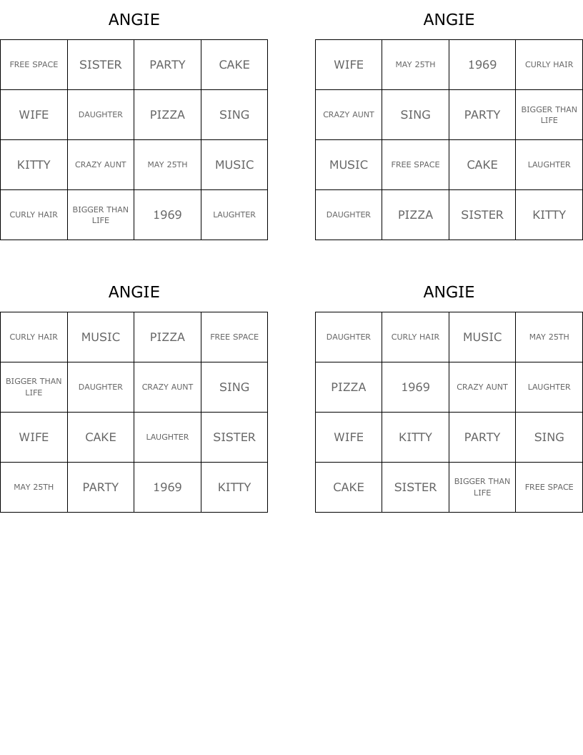 ANGIE Bingo Cards
