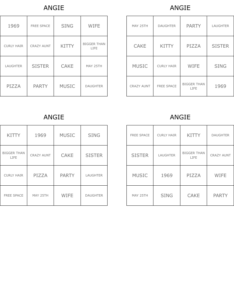 ANGIE Bingo Cards