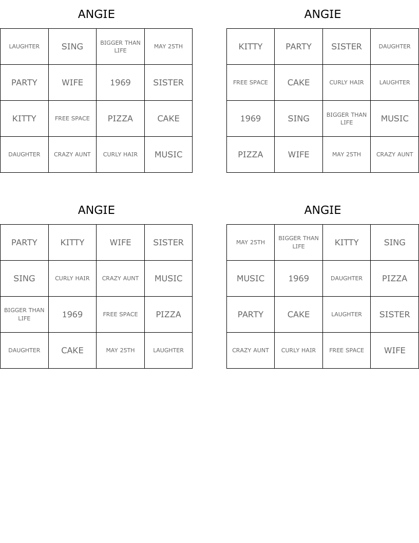 ANGIE Bingo Cards