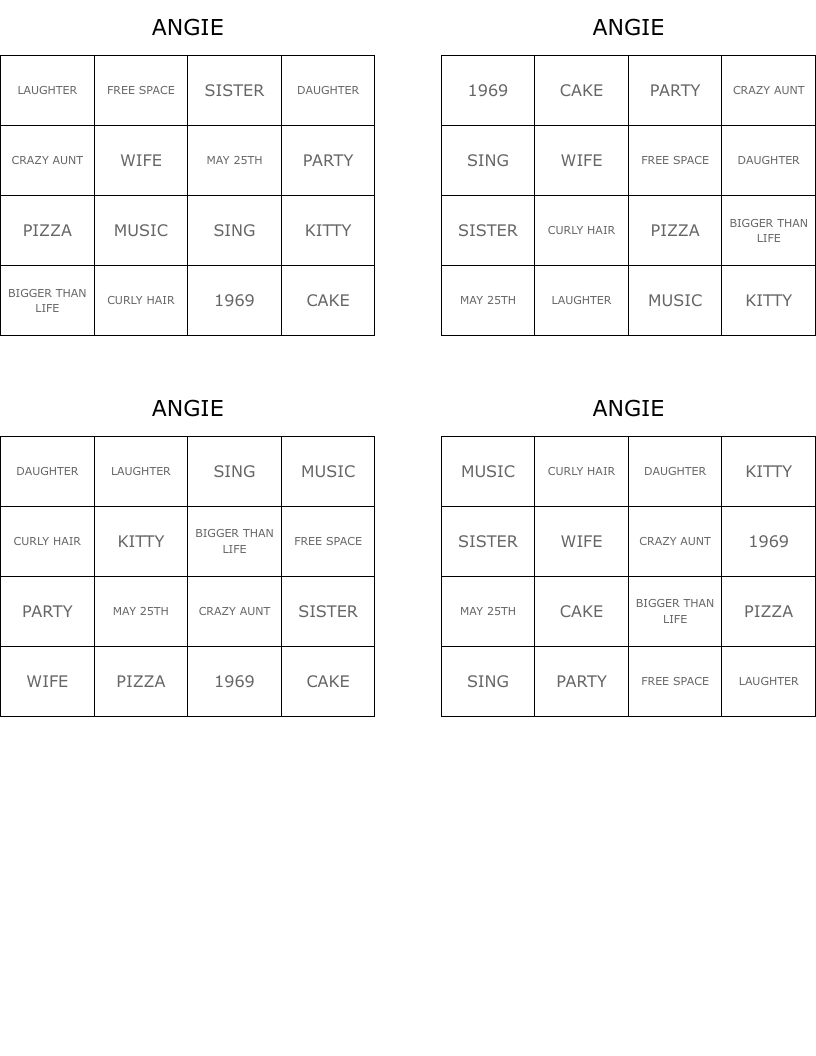 ANGIE Bingo Cards