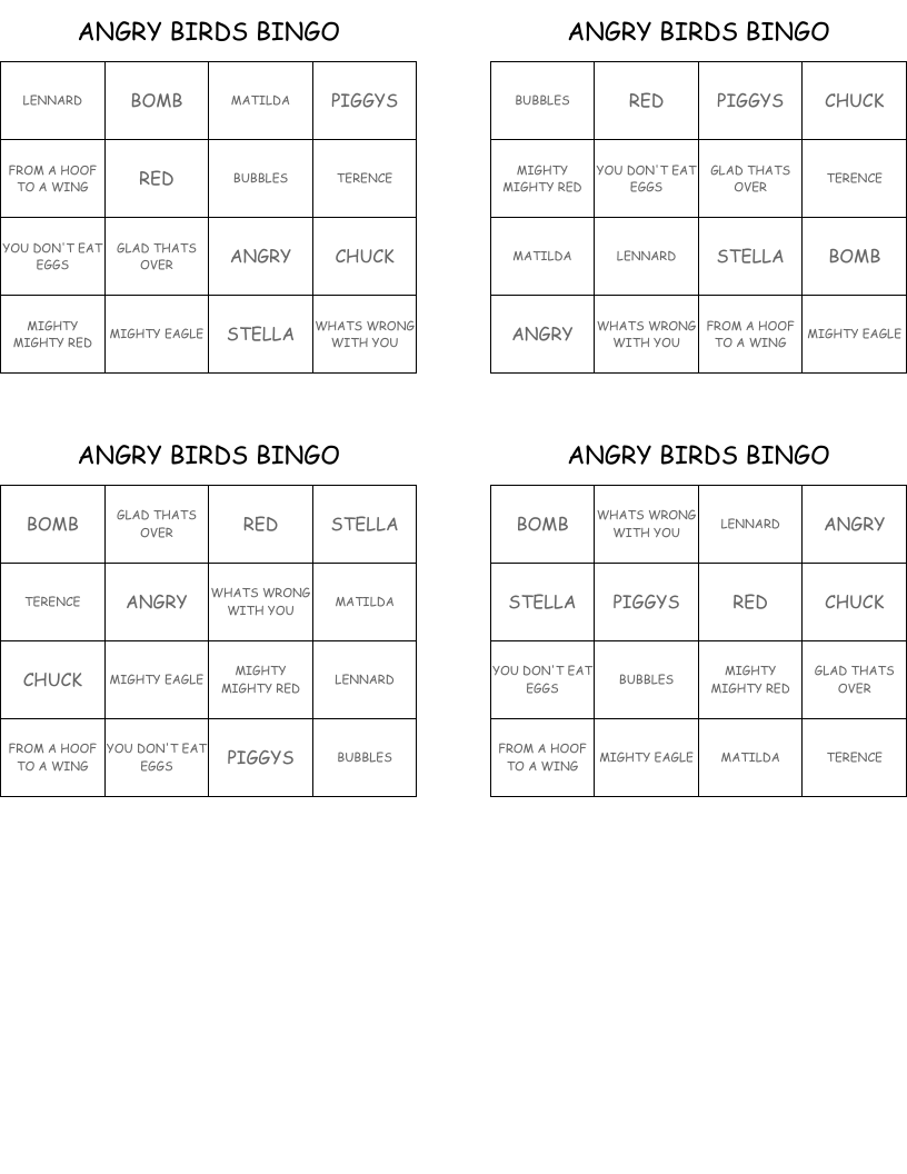 ANGRY BIRDS BINGO