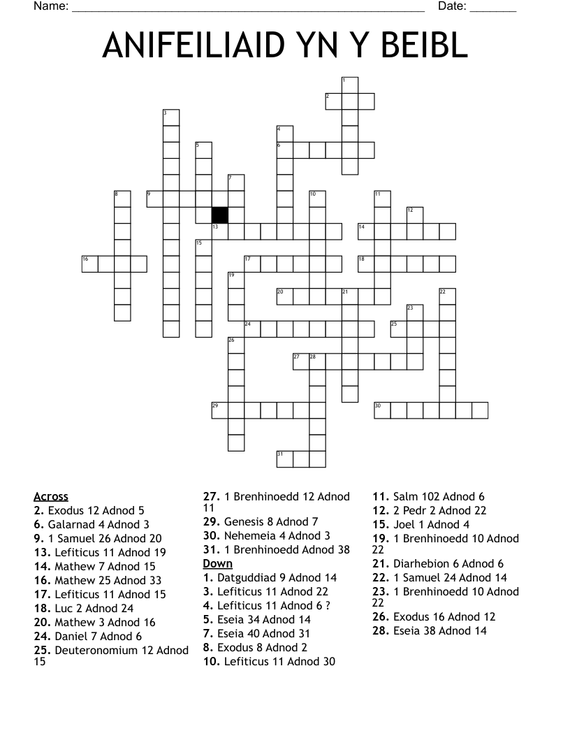 ANIFEILIAID YN Y BEIBL Crossword