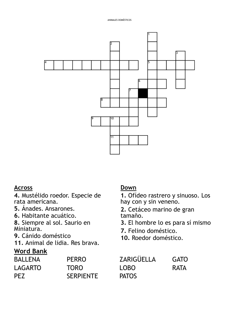 ANIMALES DOMÉSTICOS                                                                                                                                                                                                                                             Crossword