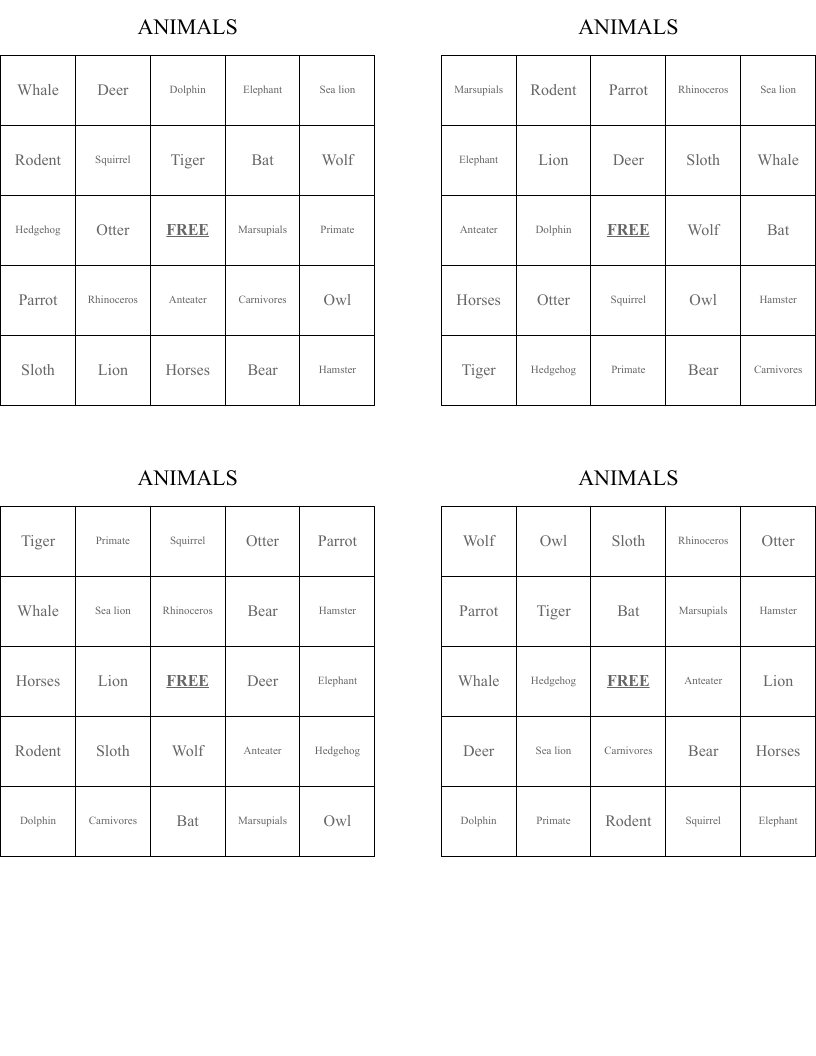 ANIMALS Bingo Cards