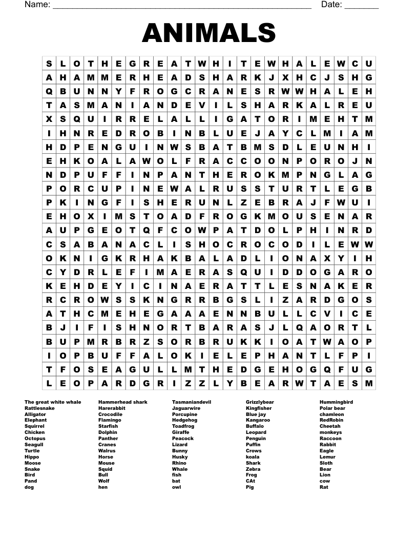 ANIMALS Word Search