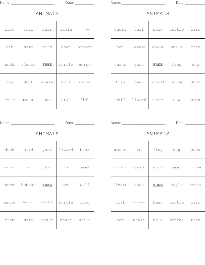ANIMALS Bingo Cards