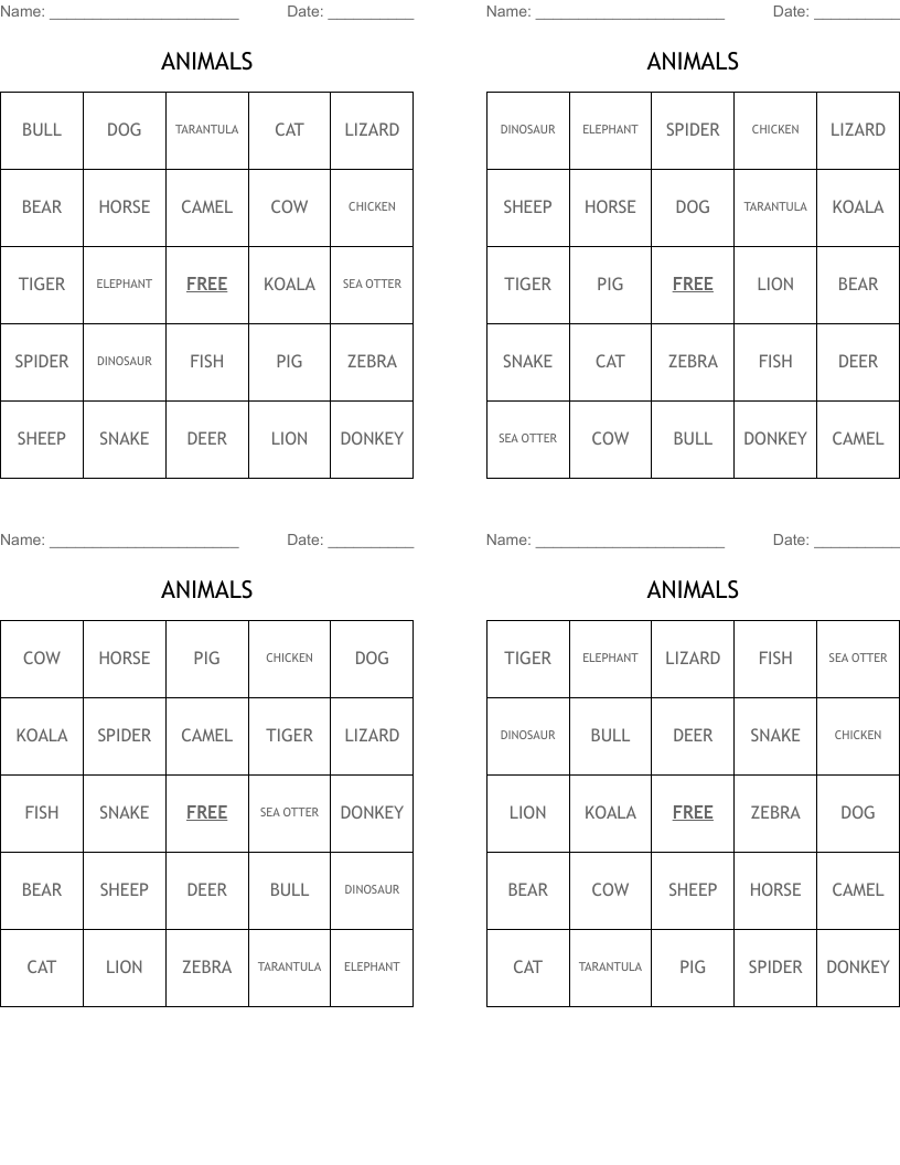 ANIMALS Bingo Cards