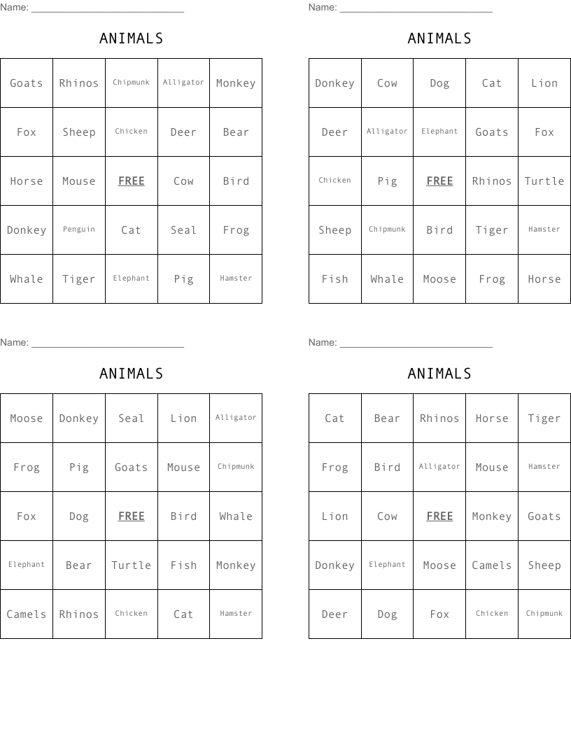 ANIMALS Bingo Cards