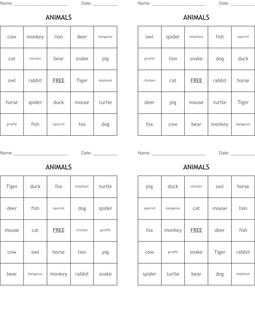 ANIMALS Bingo Cards