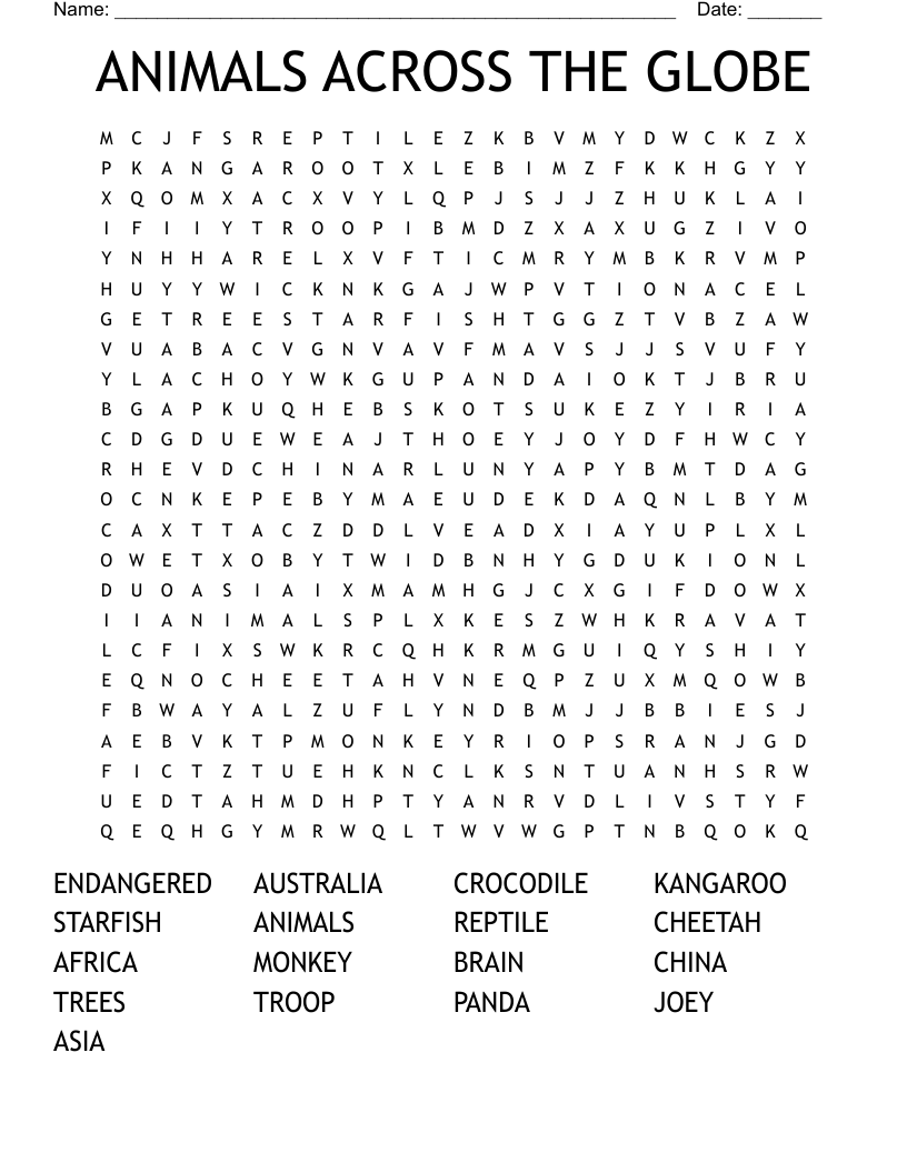 ANIMALS ACROSS THE GLOBE Word Search