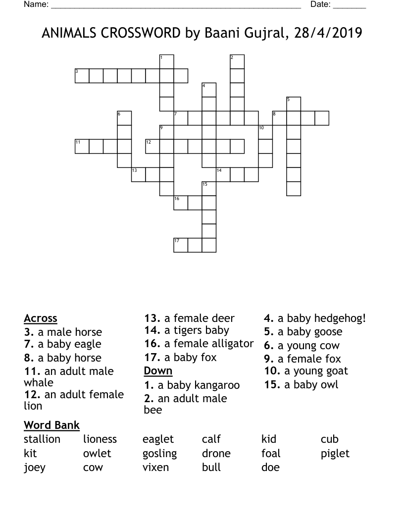 ANIMALS CROSSWORD by Baani Gujral, 28/4/2019