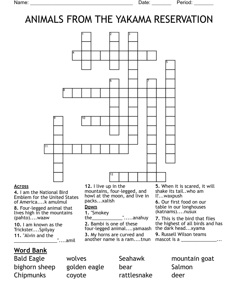 ANIMALS FROM THE YAKAMA RESERVATION Crossword