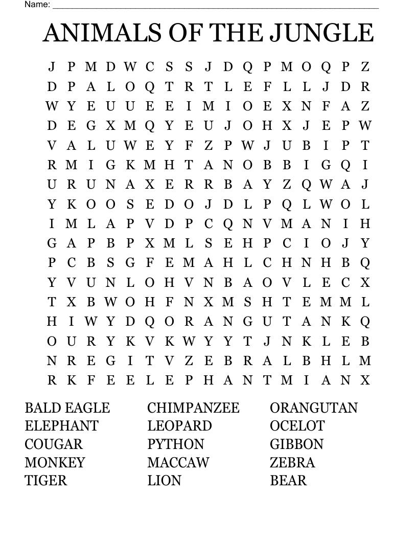 ANIMALS OF THE JUNGLE Word Search