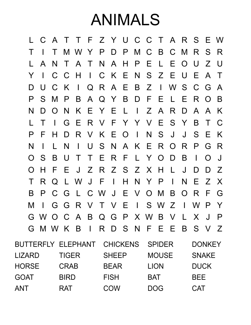 ANIMALS  Word Search