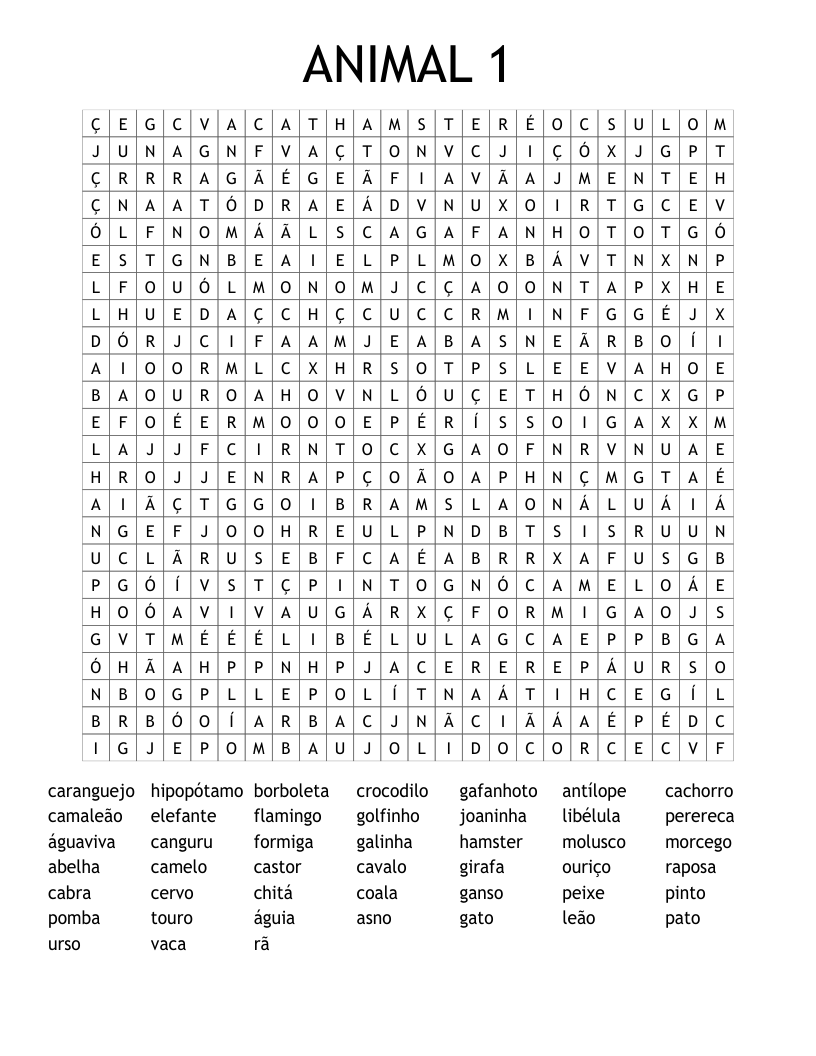 ANIMAL 1 Word Search