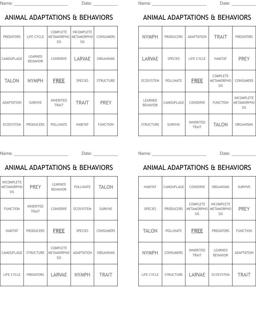 ANIMAL ADAPTATIONS & BEHAVIORS Bingo Cards
