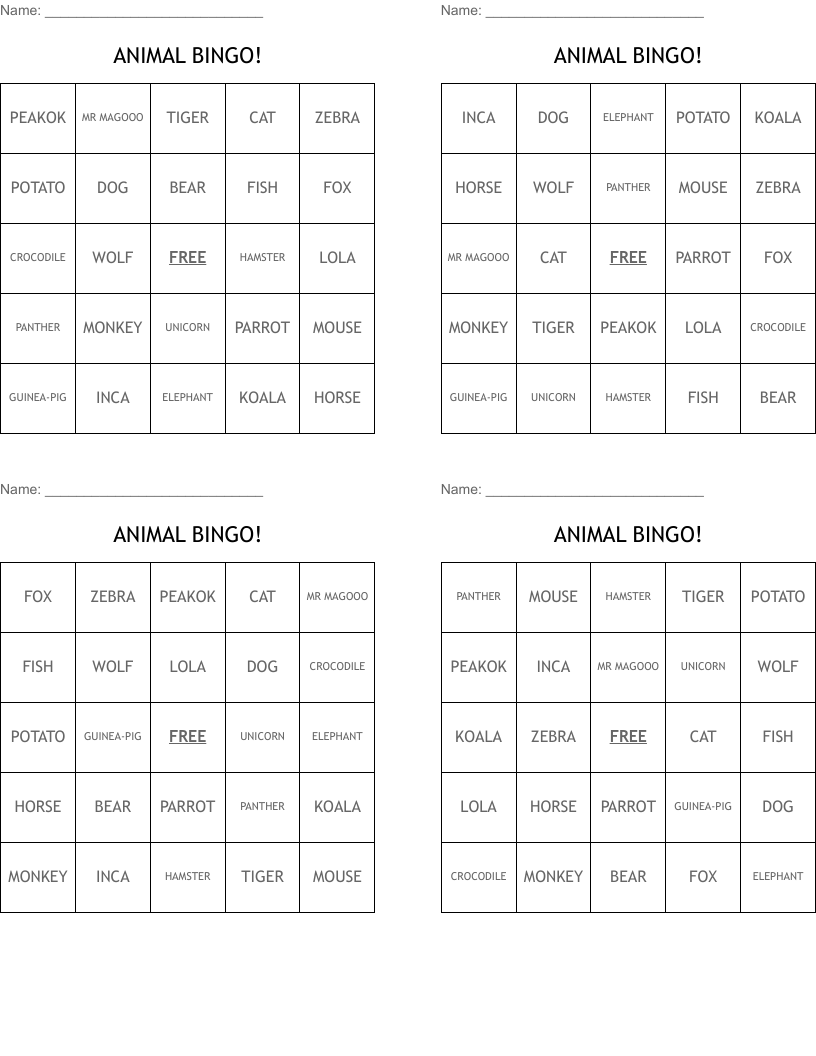 ANIMAL BINGO!