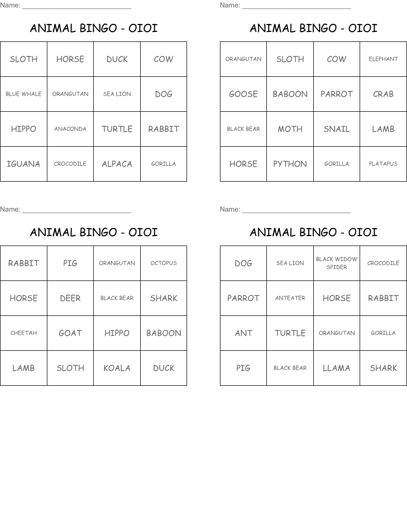 ANIMAL BINGO - OIOI