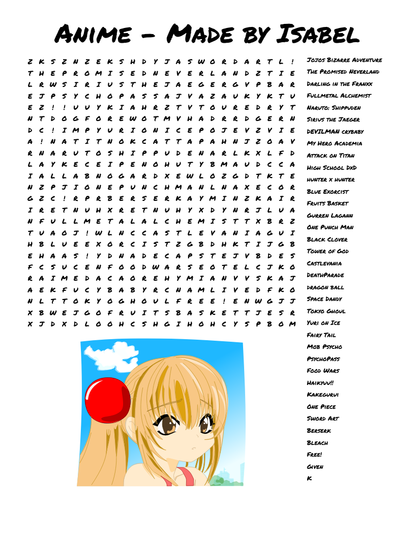 Anime - Made by Isabel Word Search