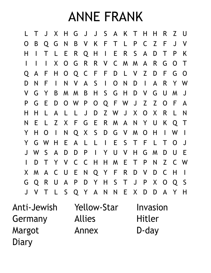 ANNE FRANK Word Search