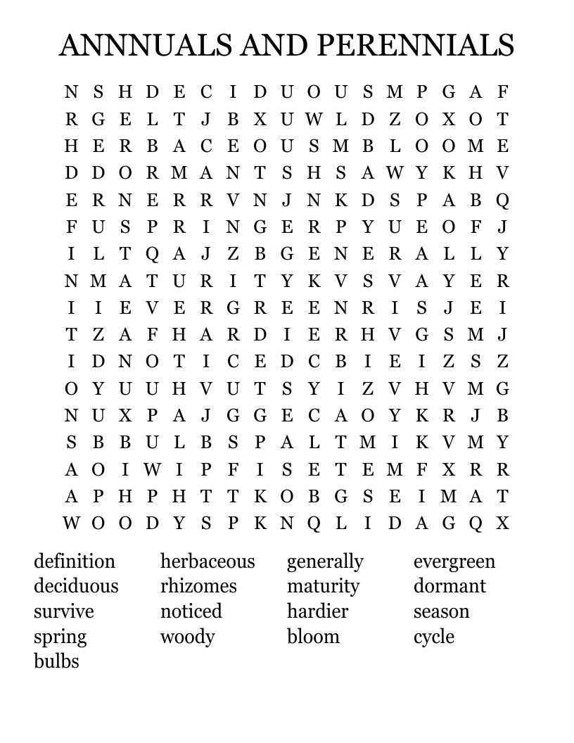 ANNNUALS AND PERENNIALS Word Search