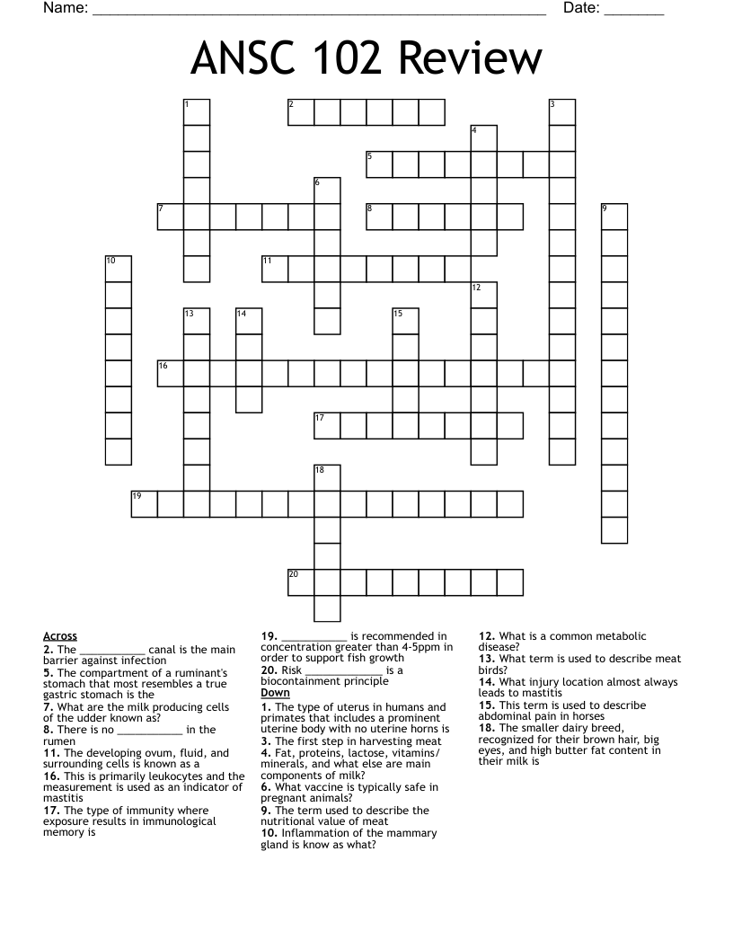 ANSC 102 Review Crossword
