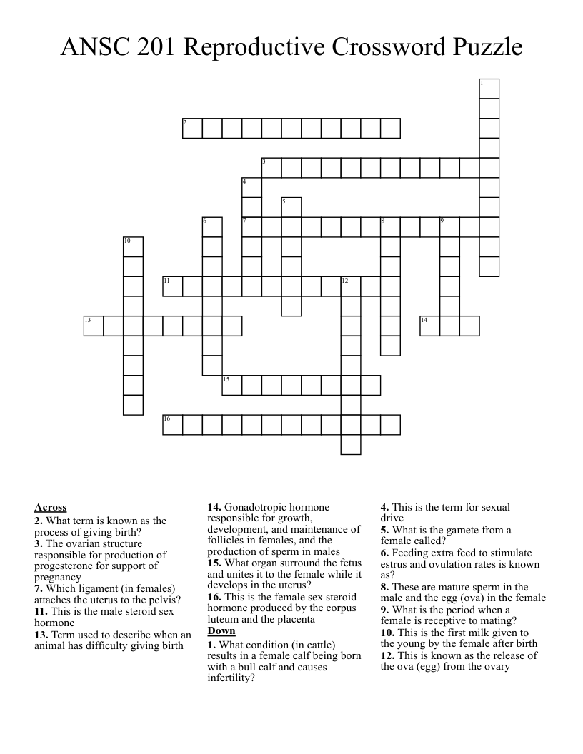 ANSC 201 Reproductive Crossword Puzzle