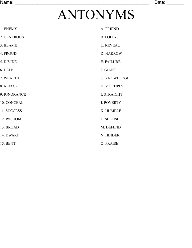 ANTONYMS Worksheet