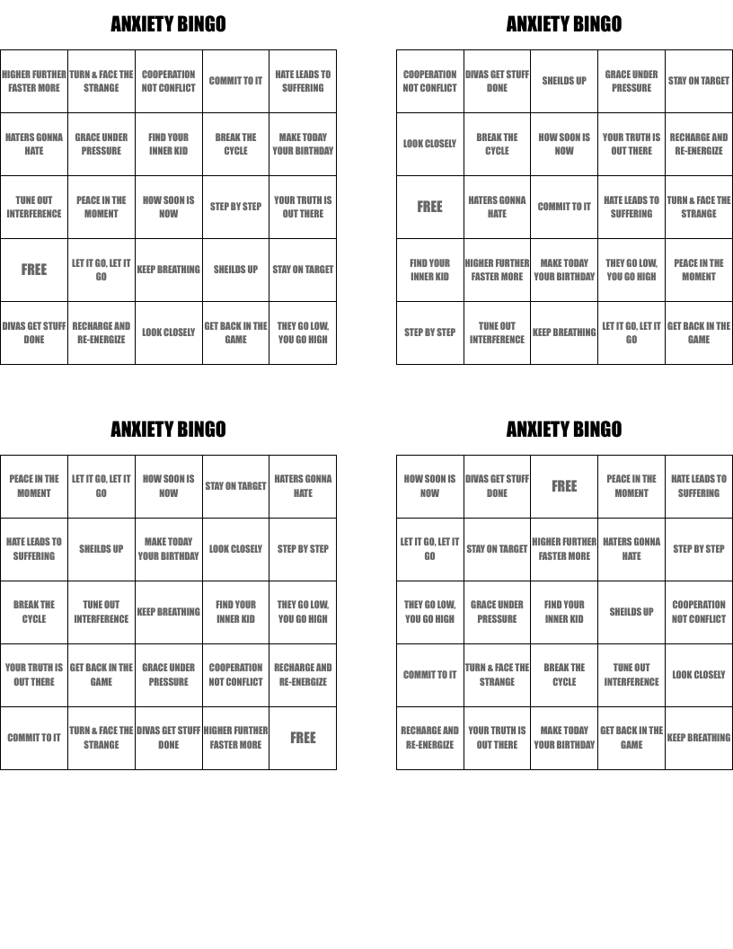 ANXIETY BINGO 