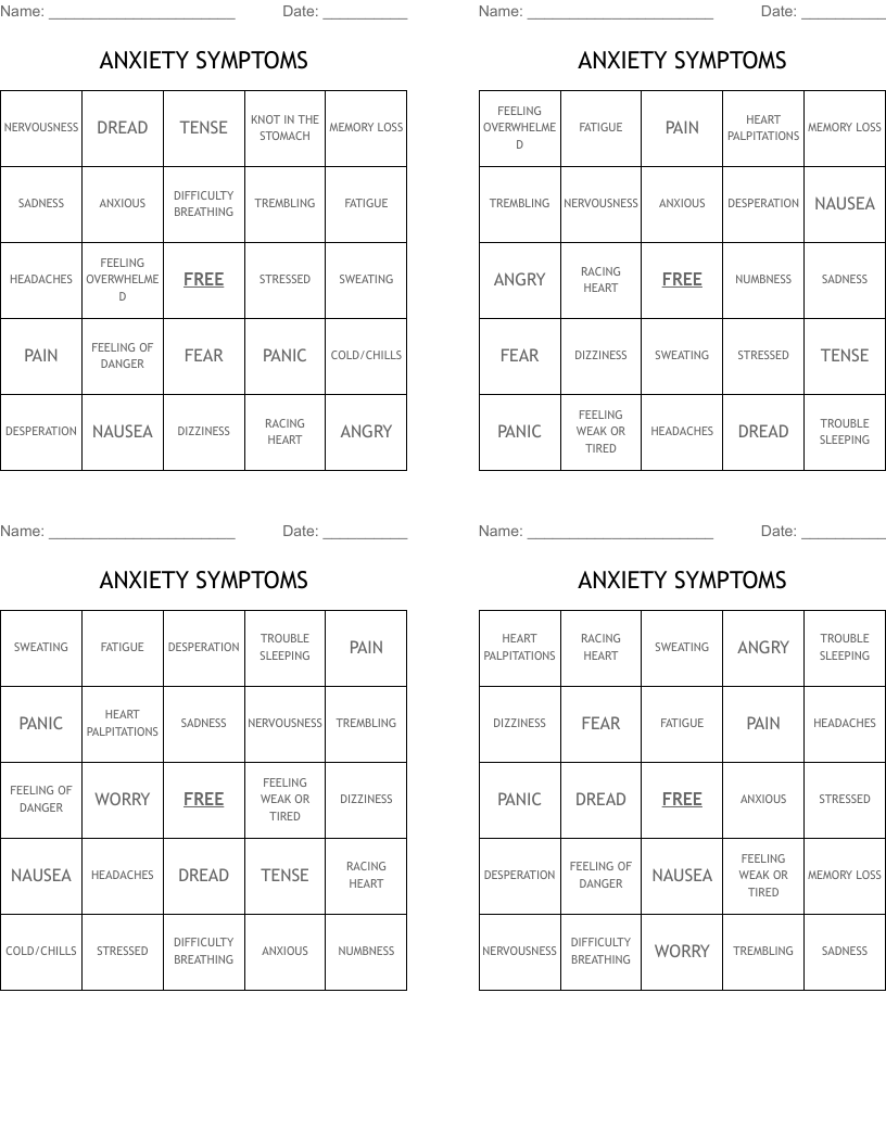 ANXIETY SYMPTOMS Bingo Cards