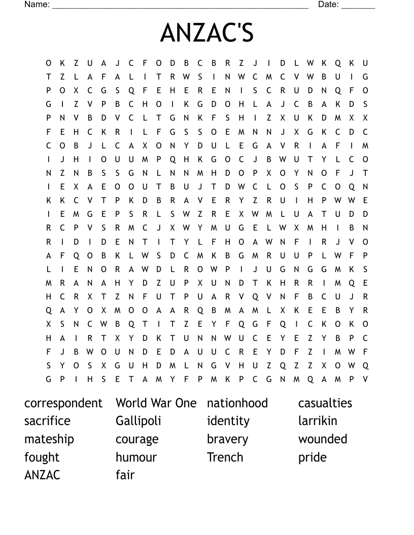 ANZAC'S Word Search
