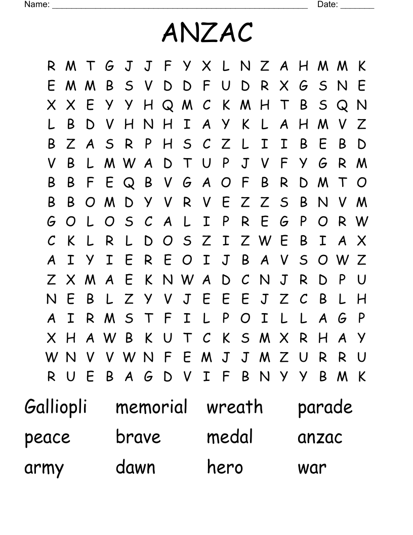 ANZAC Word Search