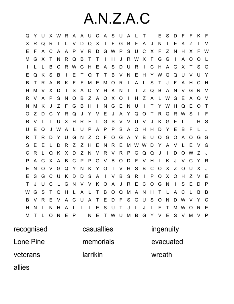 A.N.Z.A.C Word Search