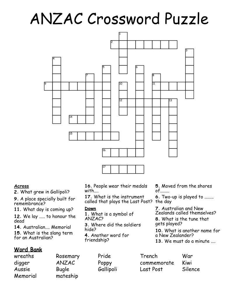 ANZAC Crossword Puzzle