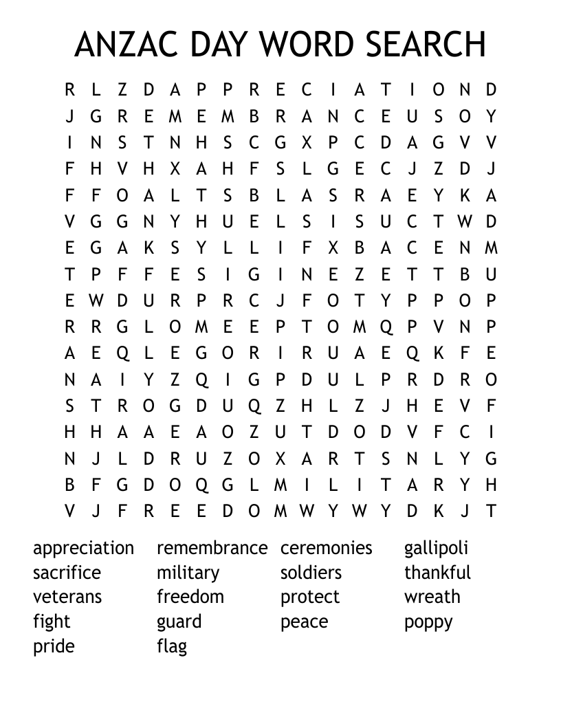 ANZAC DAY WORD SEARCH