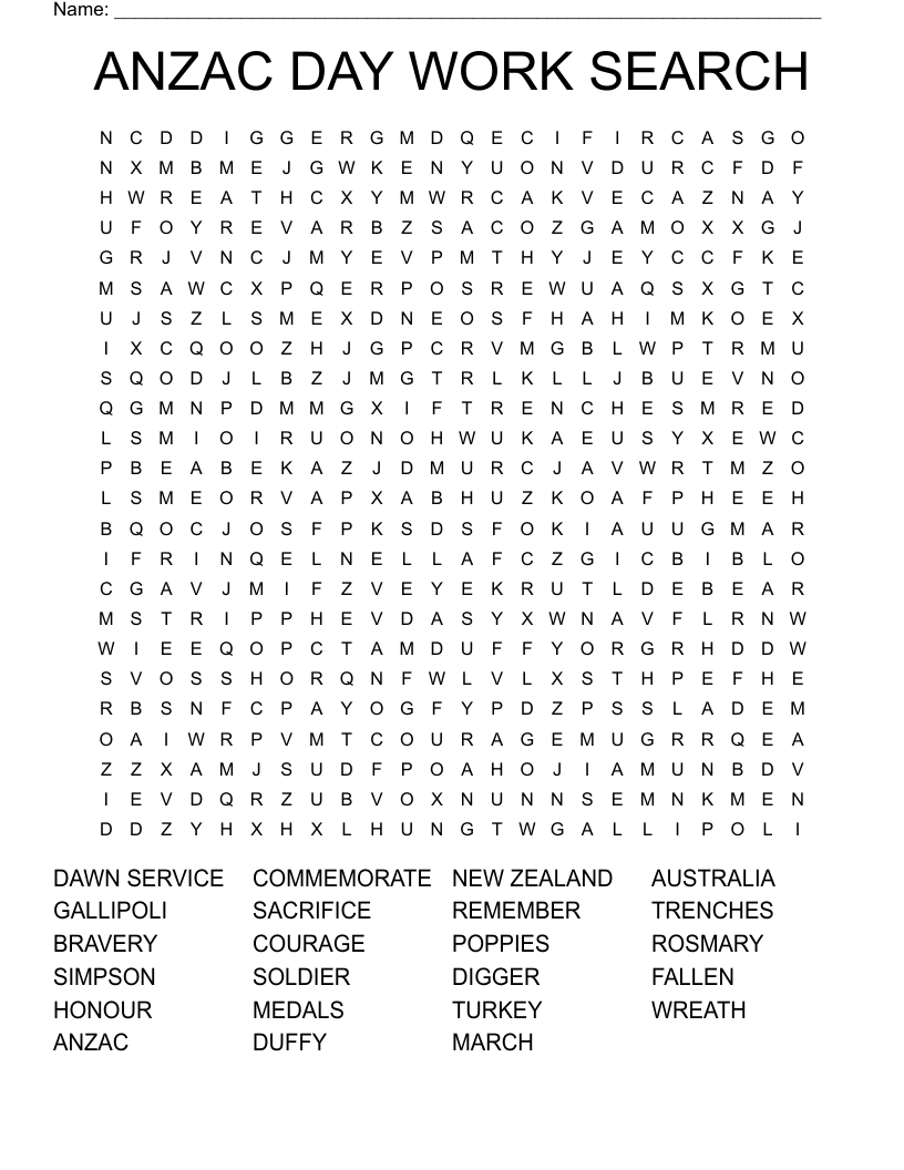 ANZAC DAY WORK SEARCH Word Search