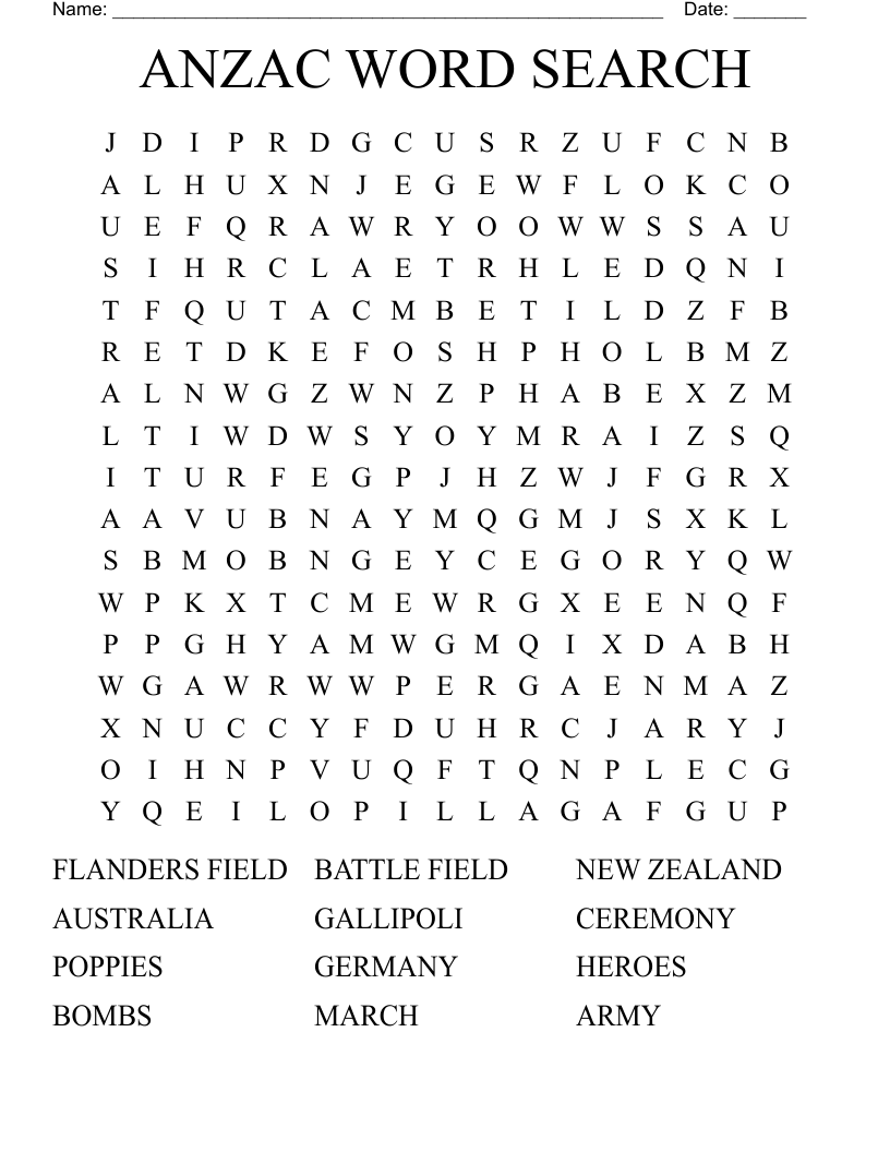 ANZAC WORD SEARCH