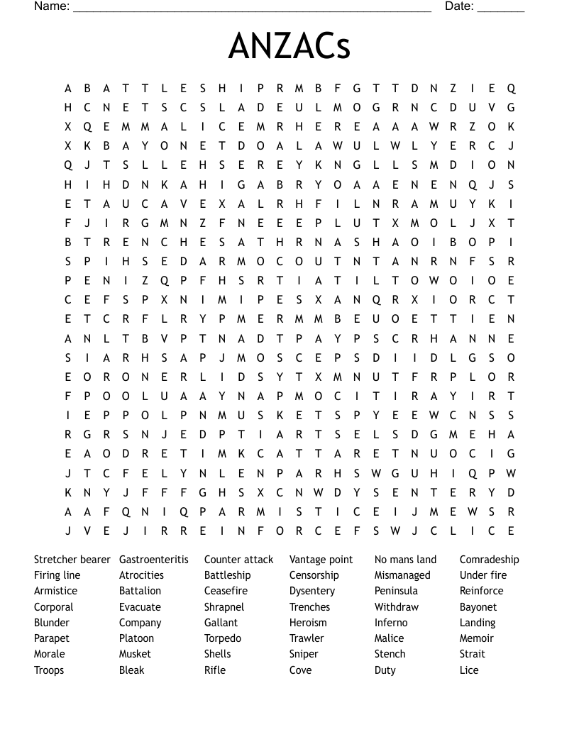 ANZACs Word Search