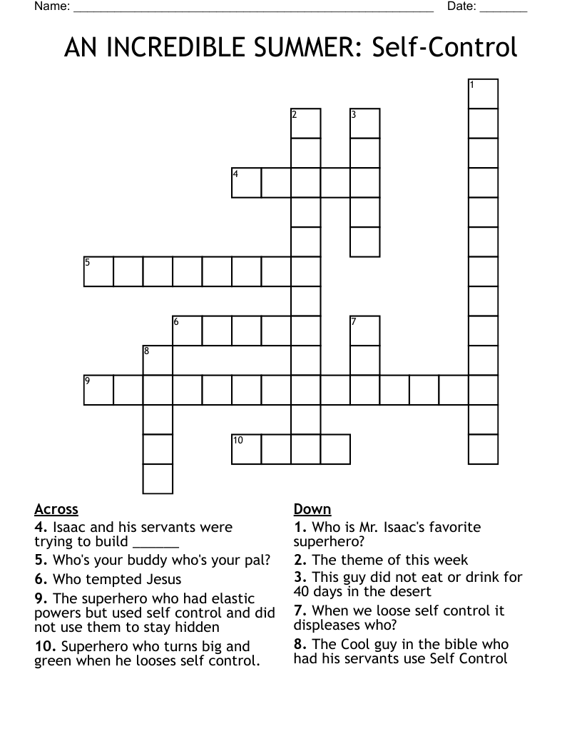AN INCREDIBLE SUMMER: Self-Control  Crossword